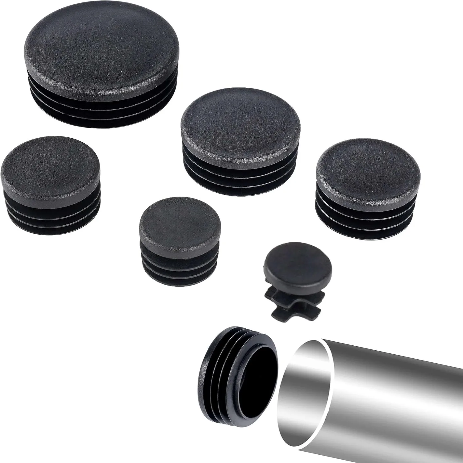 Plastic Pipe Clip - 黒の丸管プラグ,プラスチック製ブランキングエンドキャップ,チューブパイプインサート,椅子脚用バングインサートストッパー,タポンチューブボ,10〜60mm