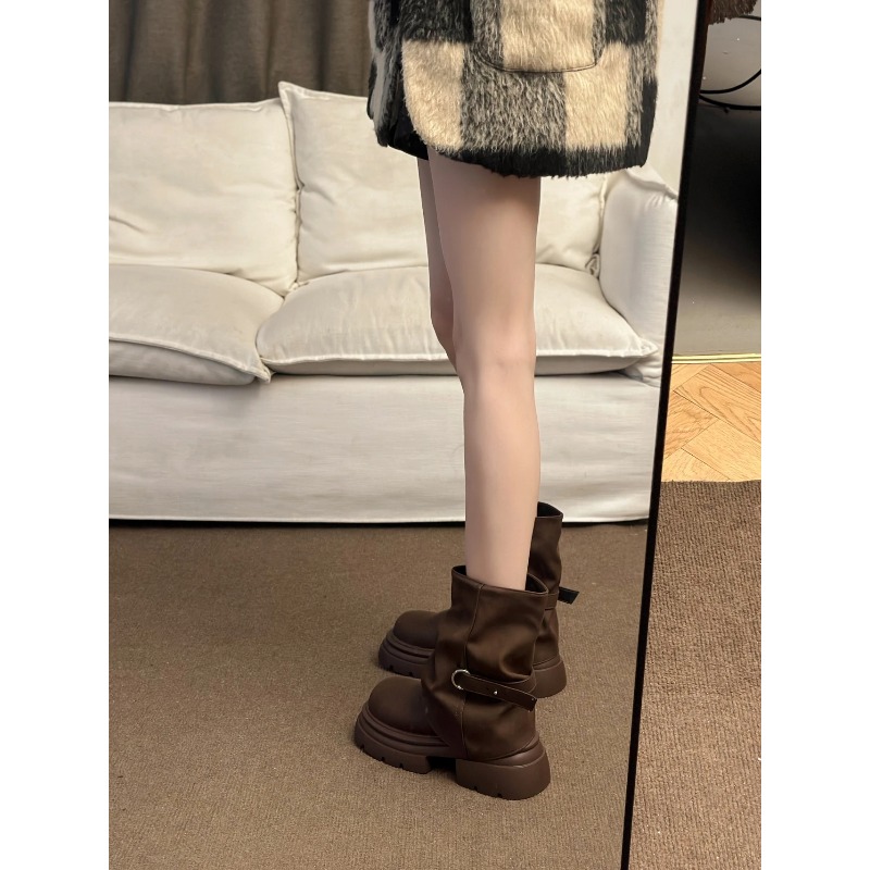 女性の厚底ブーツ英国スタイル秋冬ショートブーツブラウンマーメ - Pipe Bending Spring のレビューと価格