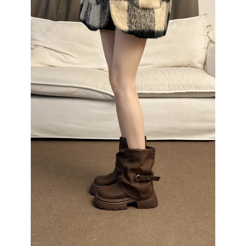 女性の厚底ブーツ英国スタイル秋冬ショートブーツブラウンマーメ - Pipe Bending Spring のレビューと価格